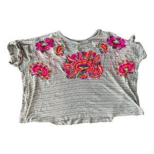 Free People Brown Striped Bohemian Oversized Neon Embroidery Women’s Top Medium